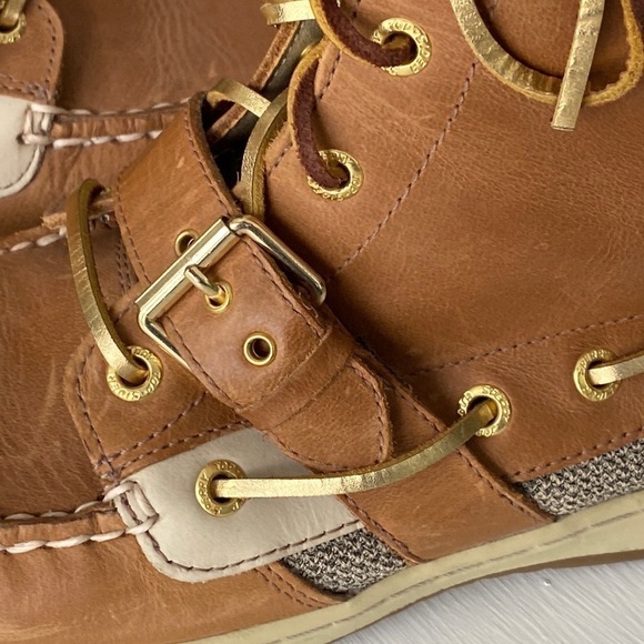 Sperry Top Sider Leather Upper Boots Gold Laces Lace Up Double Buckle Like New - Picture 15 of 17